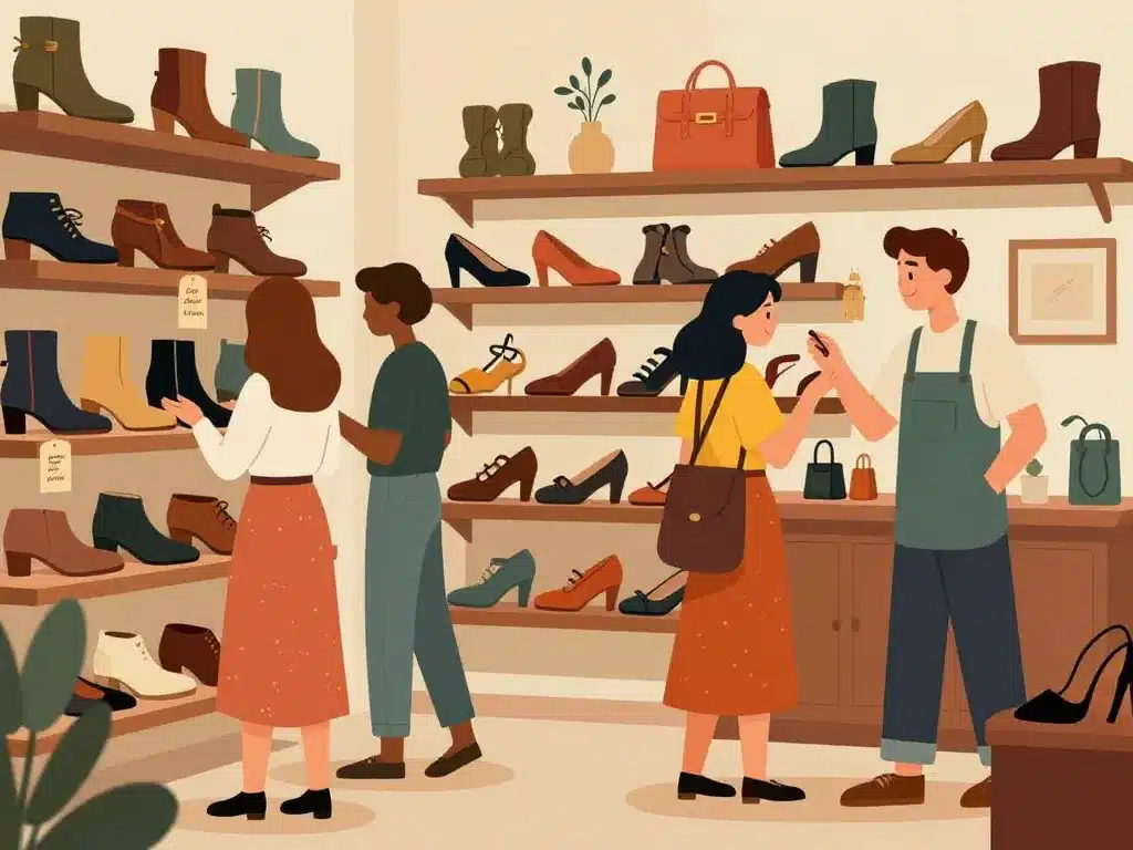 scène achat vintage chaussures en boutique spécialisée