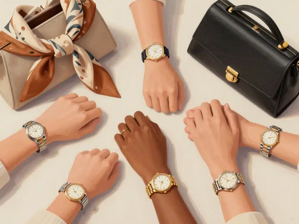 ancienne montre omega pour femme sur plusieurs poignets et accessoires