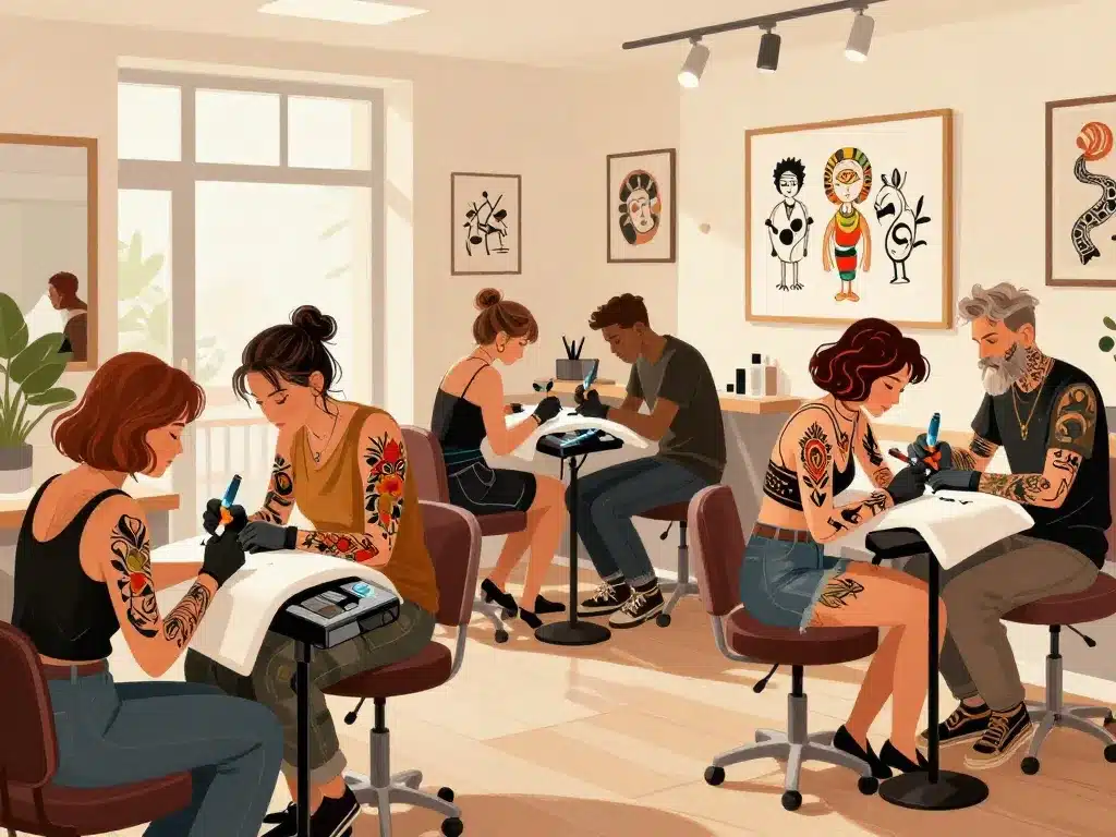 divers styles tatoueur français en studio vibrant