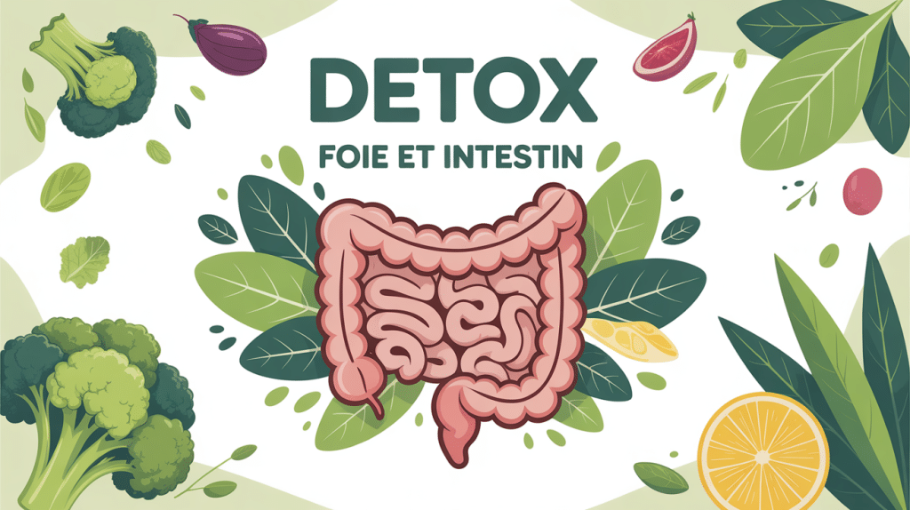 illustration detox foie et intestin avec aliments sains
