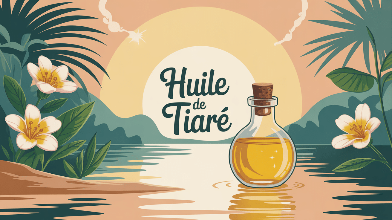 illustration sensorielle huile de tiaré avec fleurs et flacon