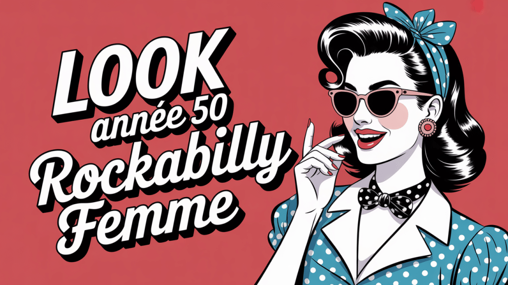 look année 50 rockabilly femme en robe à pois, coiffure vintage et accessoires