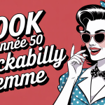 look année 50 rockabilly femme en robe à pois, coiffure vintage et accessoires