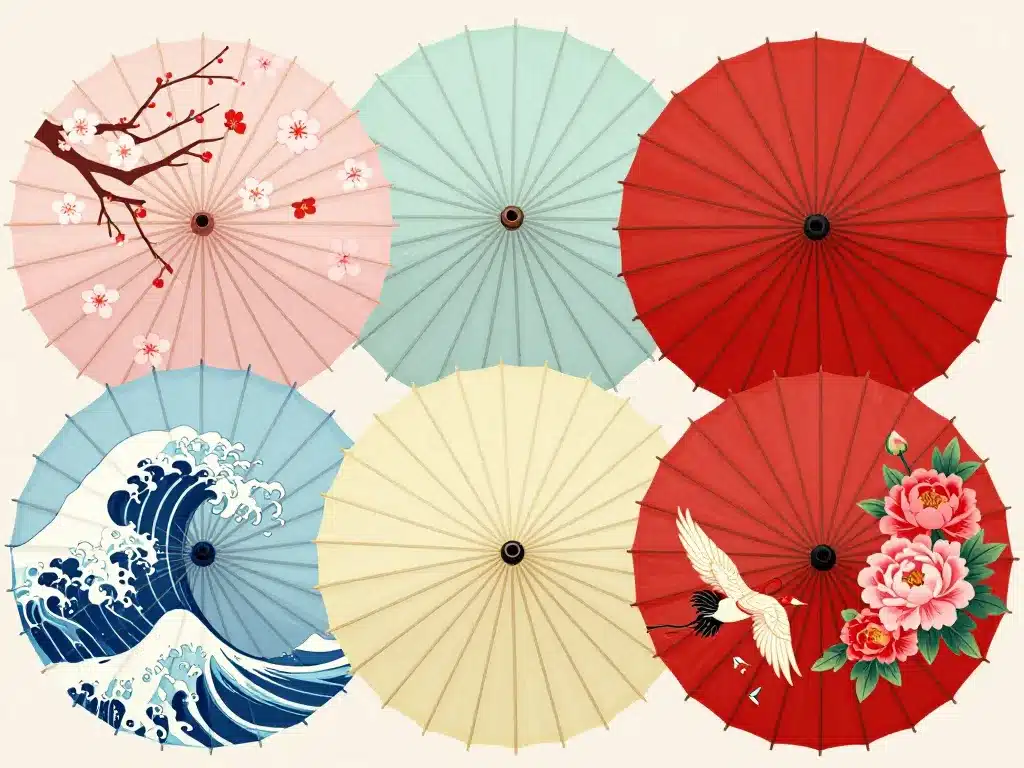 illustration motifs ombrelle japonaise fleurs grues vagues