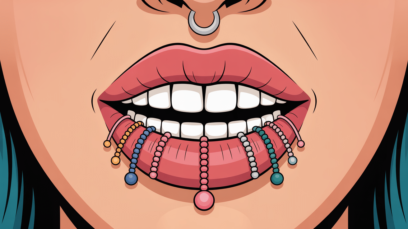 illustration stylisée piercing bas levre bouche avec bijoux