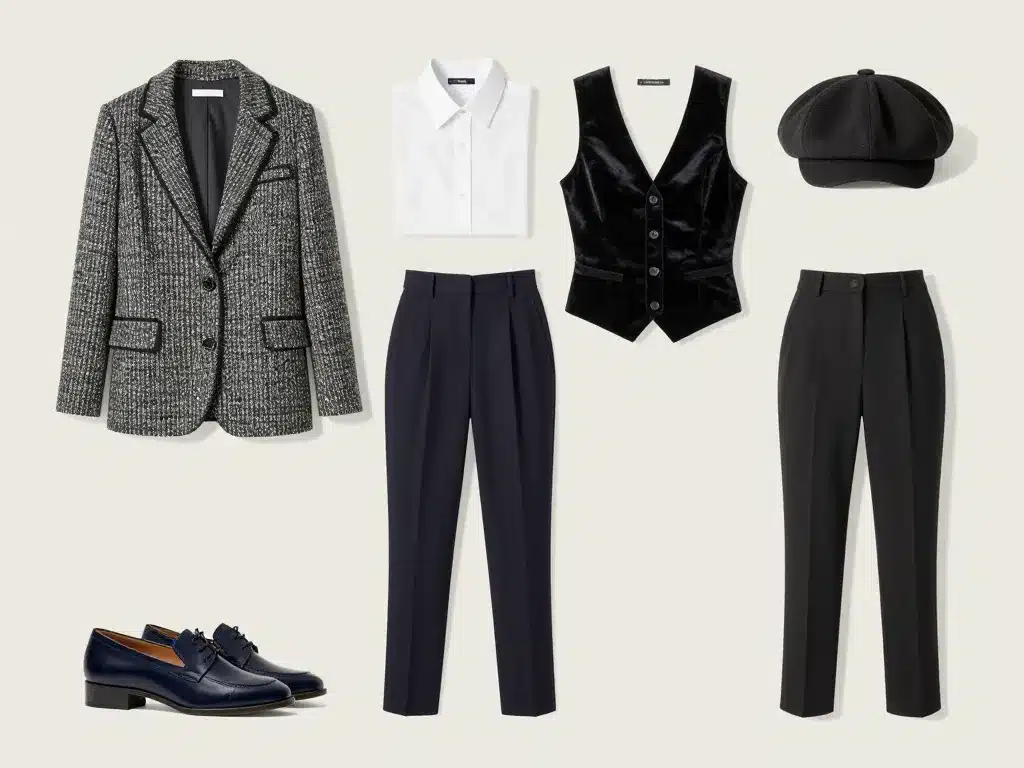 flat lay style peaky blinders femme blazer tweed pantalon taille haute