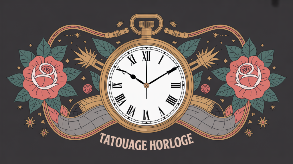 illustration tatouages horloge centrale engrenages roses