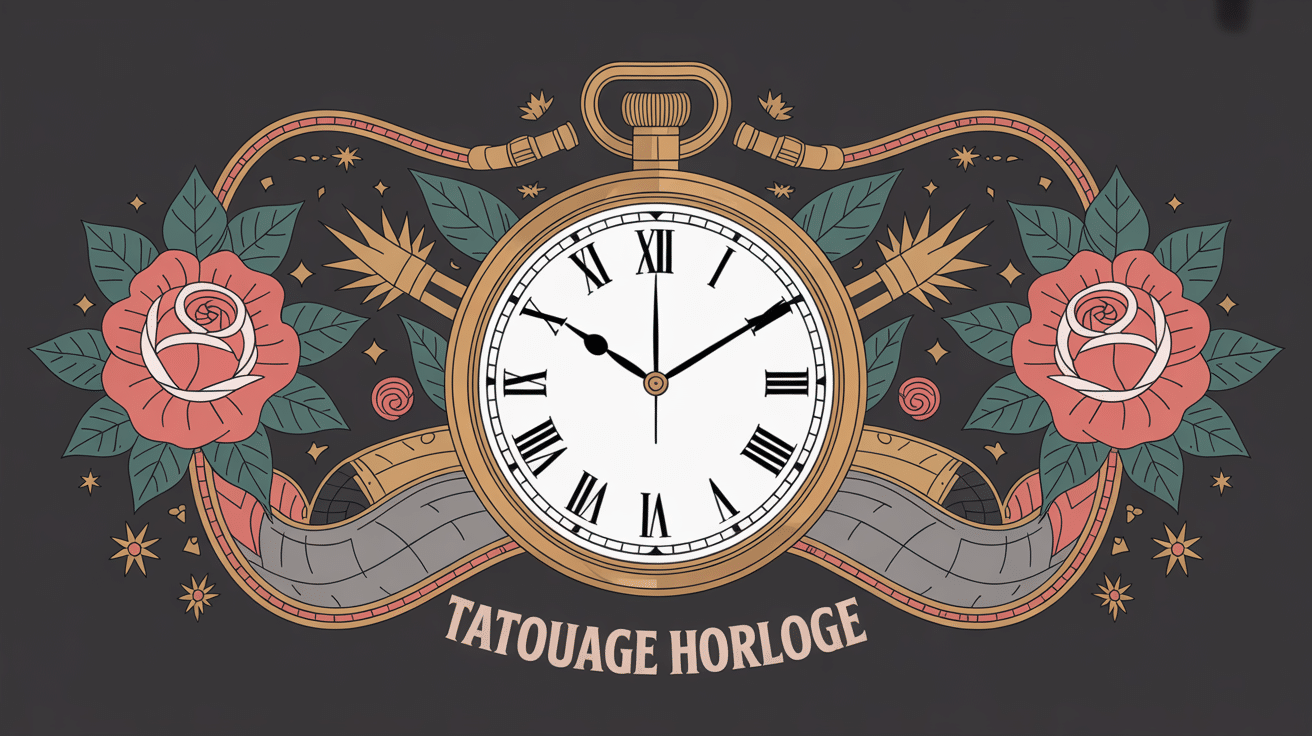 illustration tatouages horloge centrale engrenages roses