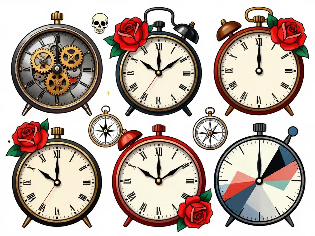 tatouages horloge styles old-school réaliste motifs combinés