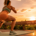 50 squats par jour avant apres femme terrasse coucher de soleil