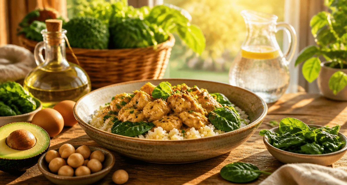 aliments pauvre en glucide bol curry poulet riz chou fleur
