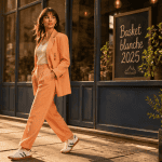 Basket blanche femme tendance 2025 sur trottoir urbain