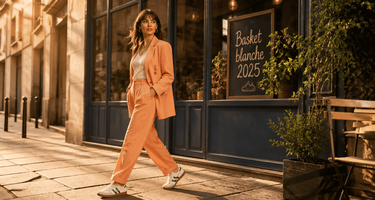 Basket blanche femme tendance 2025 sur trottoir urbain