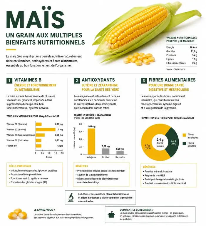 Infographie sur les bienfaits du maïs pour la santé et ses apports nutritionnels