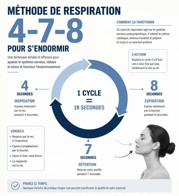 Infographie de la méthode de respiration 4-7-8 pour trouver le sommeil rapidement