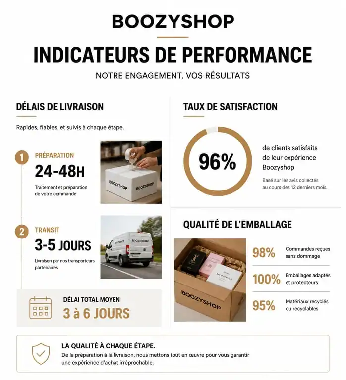 Infographie des indicateurs de performance et avis Boozyshop : délais de livraison et satisfaction client