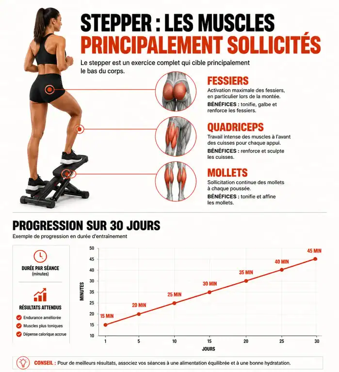 Infographie des muscles sollicités et résultats après 1h de stepper par jour
