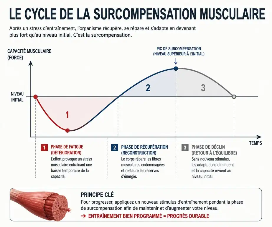Schéma du cycle de surcompensation musculaire pour la musculation tous les jours