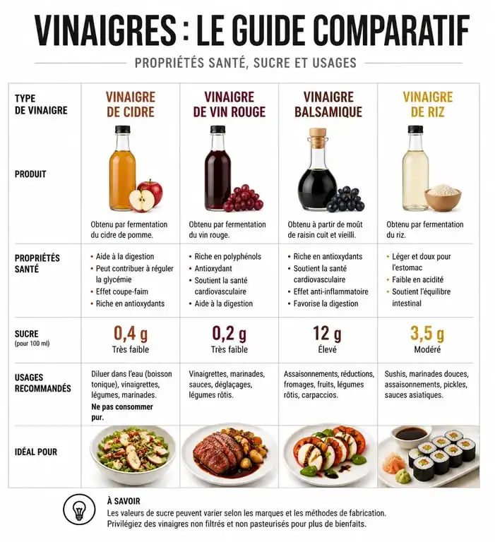 Infographie comparative des bienfaits santé des différents types de vinaigre pour choisir le meilleur vinaigre pour la santé