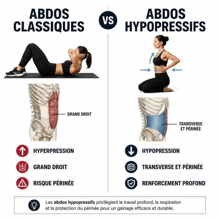 Infographie comparative des bénéfices des abdos hypopressifs par rapport aux abdos classiques pour obtenir des résultats sur le ventre plat