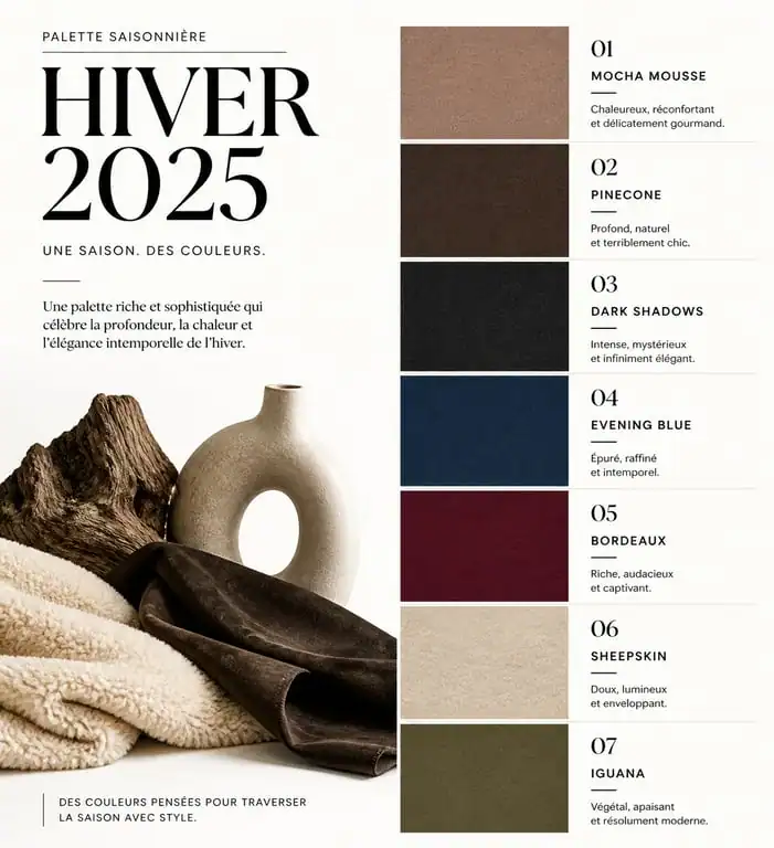 Palette des couleurs tendance mode hiver 2025 avec références Pantone