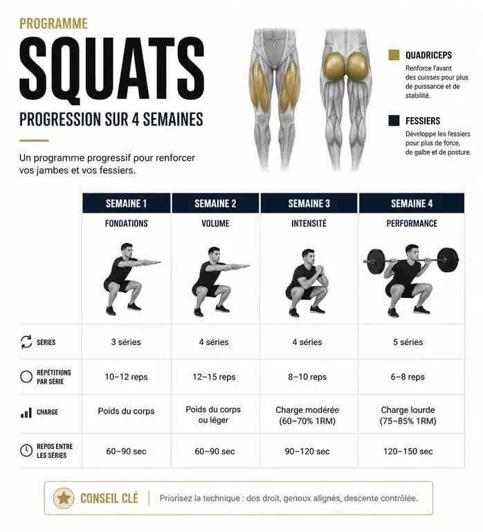 Infographie illustrant la progression du challenge 50 squats par jour avant après et les bénéfices musculaires