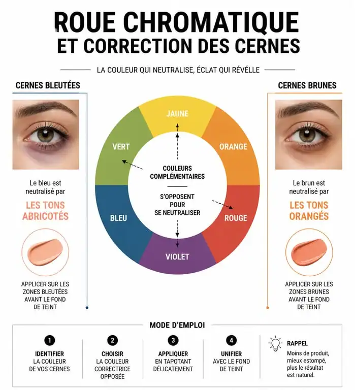 Infographie sur la colorimétrie pour choisir son anti-cernes selon la couleur des cernes