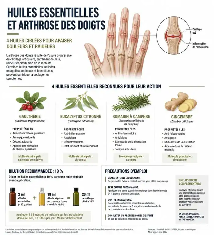 Infographie des huiles essentielles pour l'arthrose des doigts : propriétés et conseils d'utilisation
