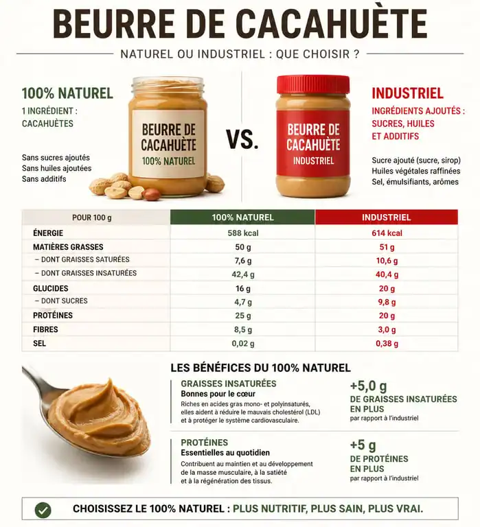 Infographie sur les bienfaits nutritionnels du beurre de cacahuète naturel et les risques des versions industrielles pour la gestion du poids