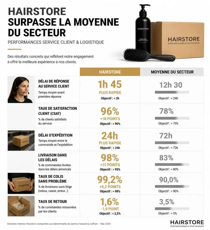 Tableau comparatif des performances de livraison et service client de Hairstore par rapport à la moyenne du marché pour les avis clients.