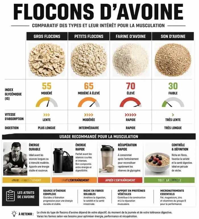 Infographie comparative des types de flocons d'avoine pour la musculation