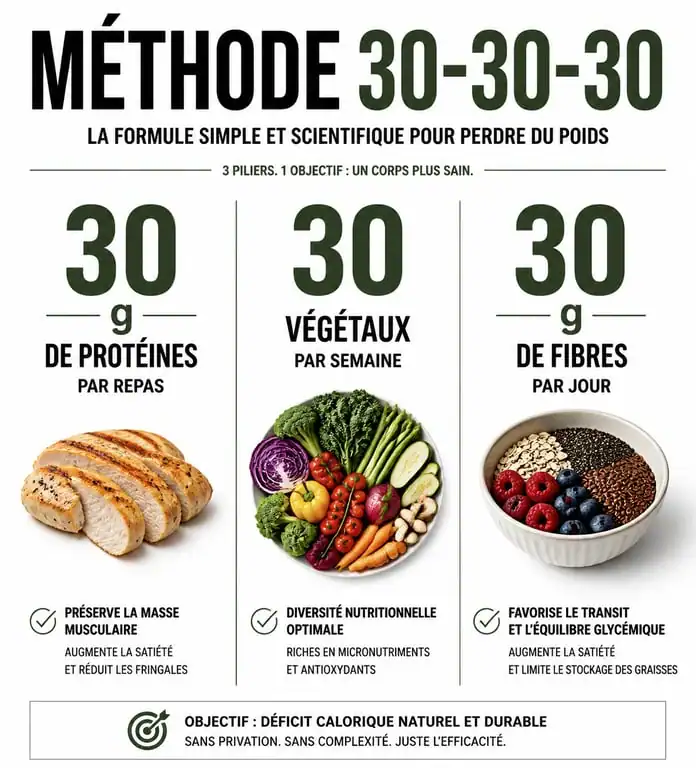 Infographie explicative de la méthode 30-30-30 pour un plan alimentaire de perte de poids efficace