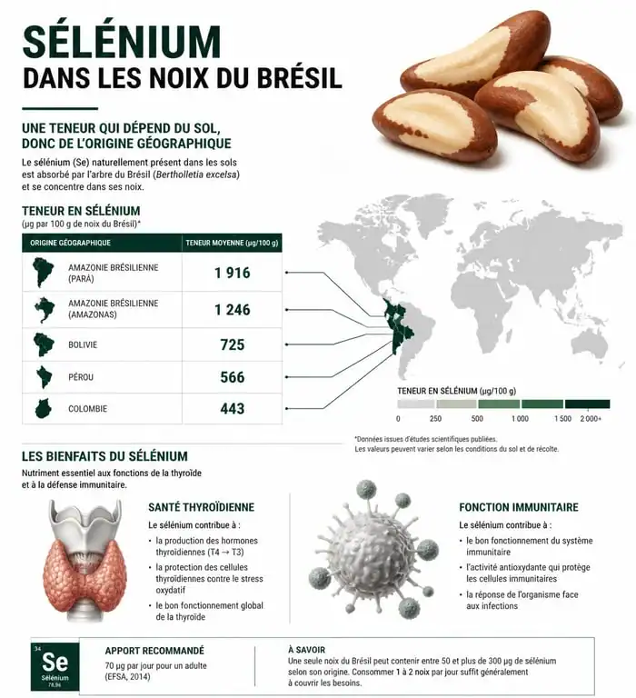 Infographie sur les bienfaits des noix du Brésil et leur teneur en sélénium pour la santé