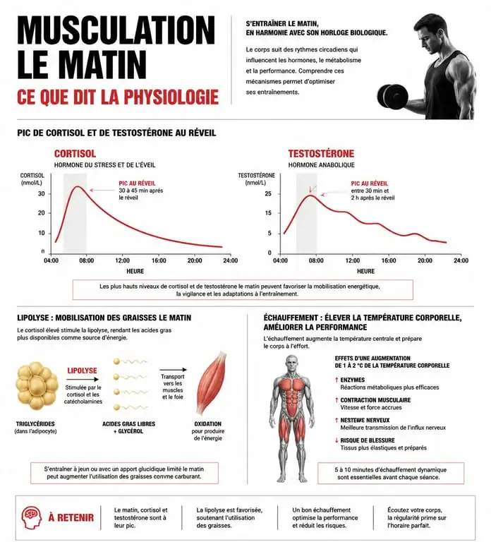 Infographie sur les bienfaits et mécanismes physiologiques de la musculation le matin