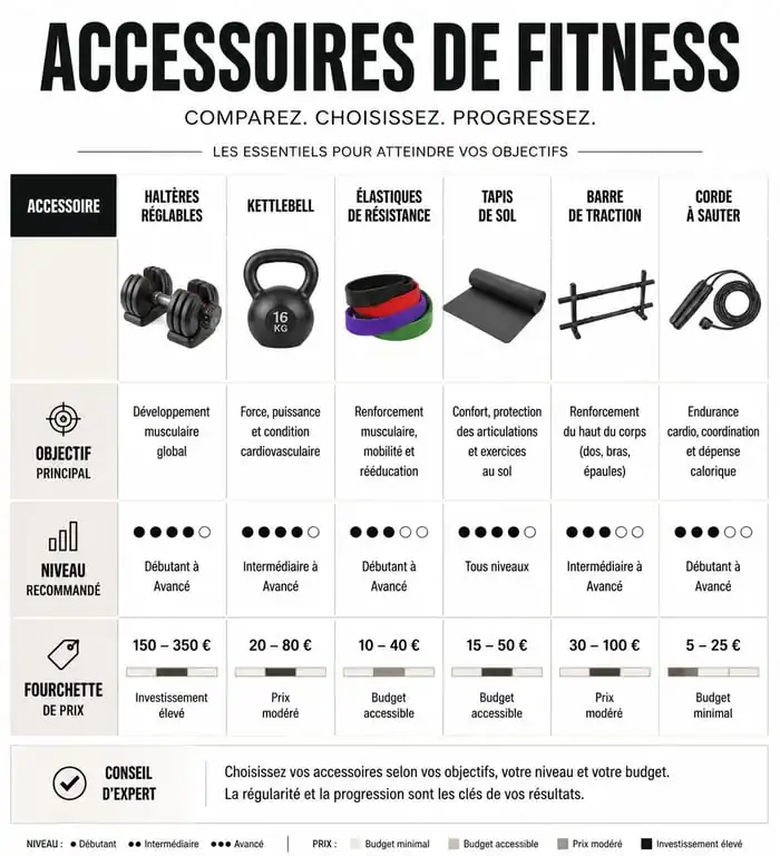 Infographie comparative des accessoires de sport et fitness pour choisir son équipement