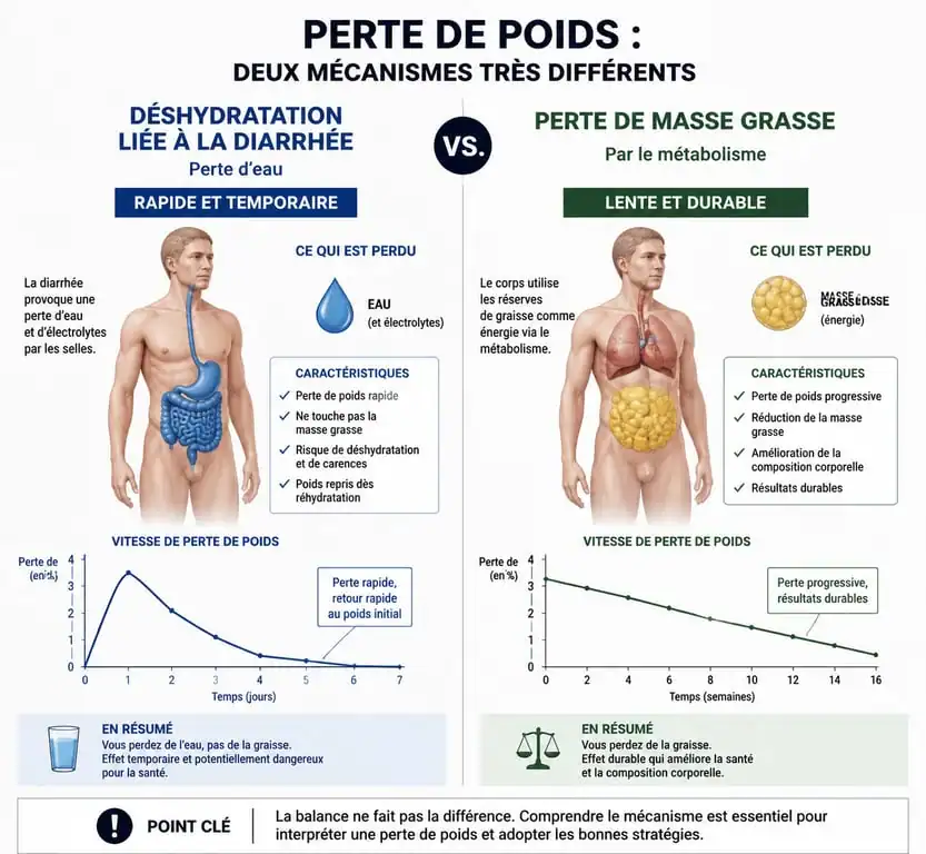 Infographie comparant la perte de poids par diarrhée et la perte de masse grasse réelle
