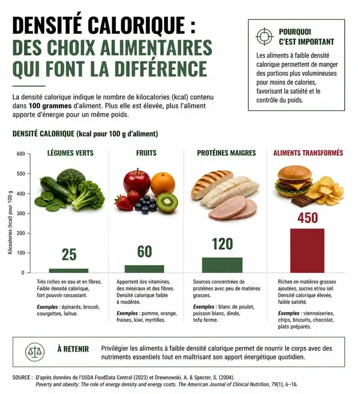 Infographie sur la densité calorique des aliments faibles en calories pour une alimentation équilibrée