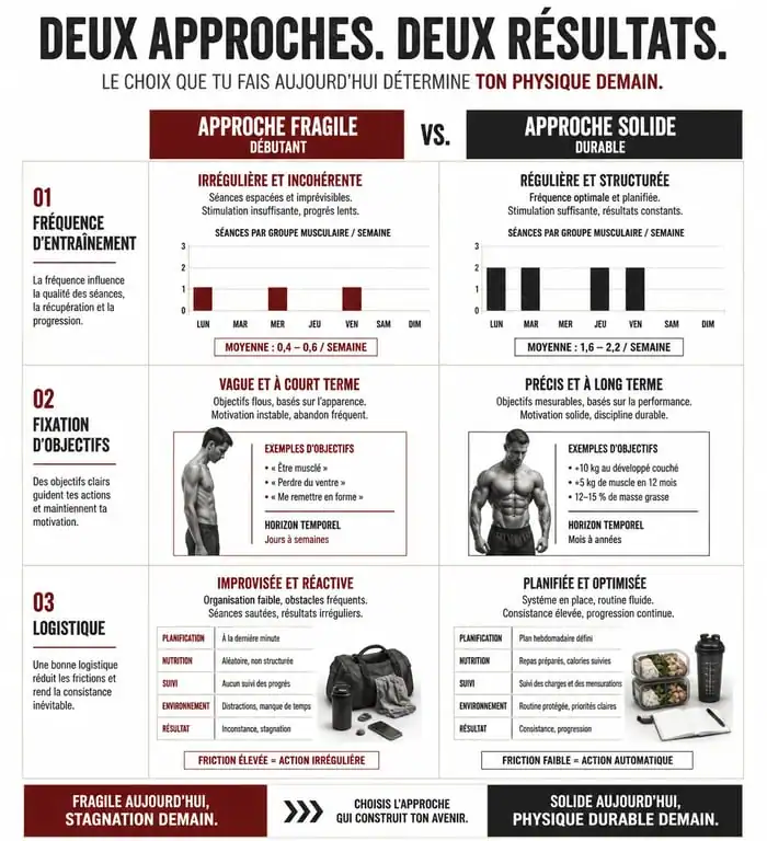 Infographie comparative : approche débutante vs approche durable pour la motivation en musculation