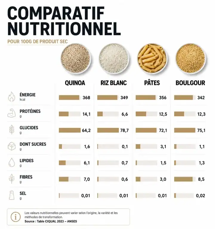 Infographie comparative des valeurs nutritionnelles du quinoa par rapport au riz, aux pâtes et au boulgour