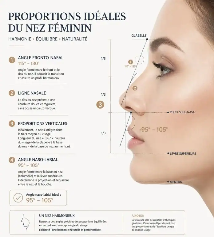 Schéma des proportions idéales et de l'angle naso-labial du nez femme pour une rhinoplastie