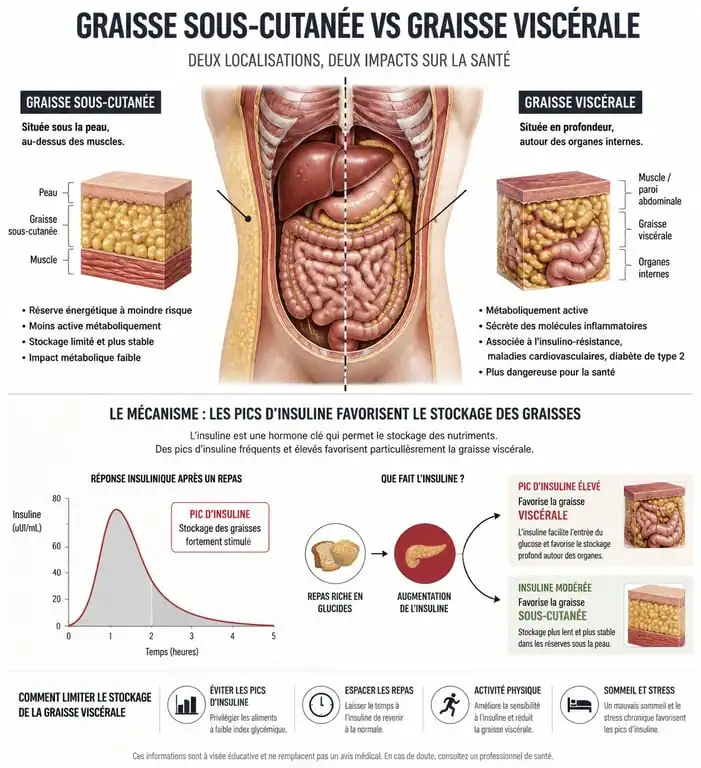 Infographie sur les mécanismes de stockage de la graisse abdominale et la différence entre graisse viscérale et sous-cutanée pour maigrir du ventre