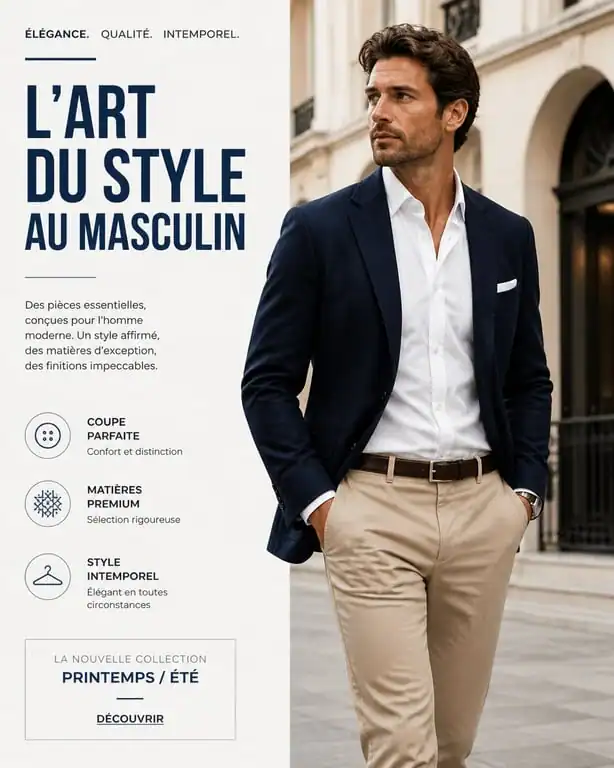 Homme portant une tenue BCBG classique avec blazer bleu marine et chemise blanche