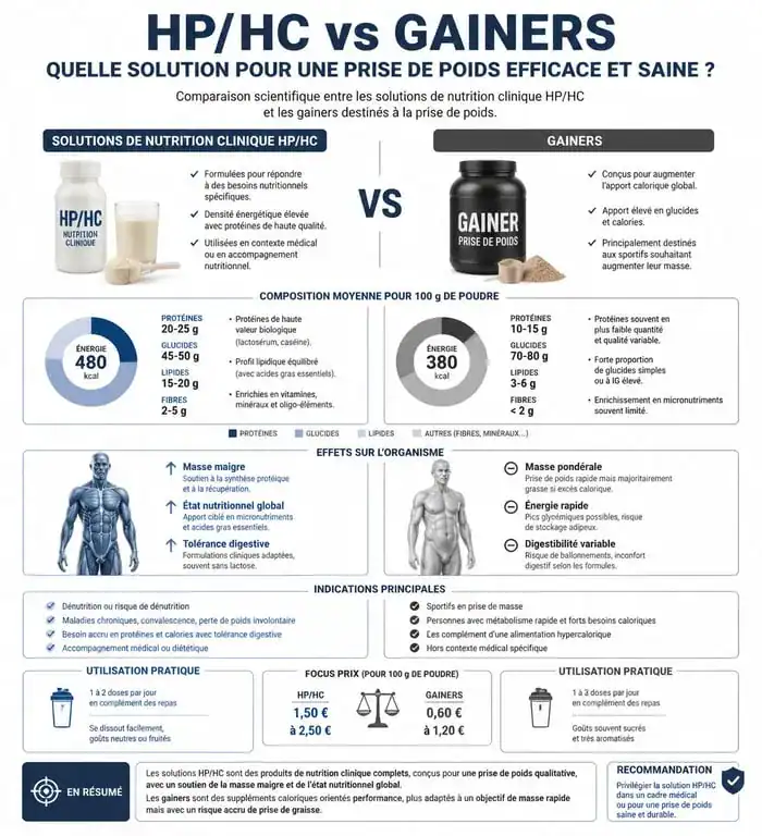 Infographie comparative des protéines pour grossir en pharmacie : solutions HP/HC et gainers