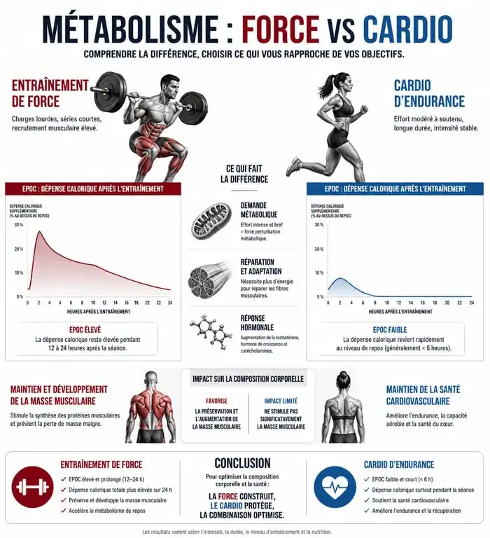 Infographie comparant la dépense énergétique et l'effet EPOC entre la musculation et le cardio pour maigrir par la musculation