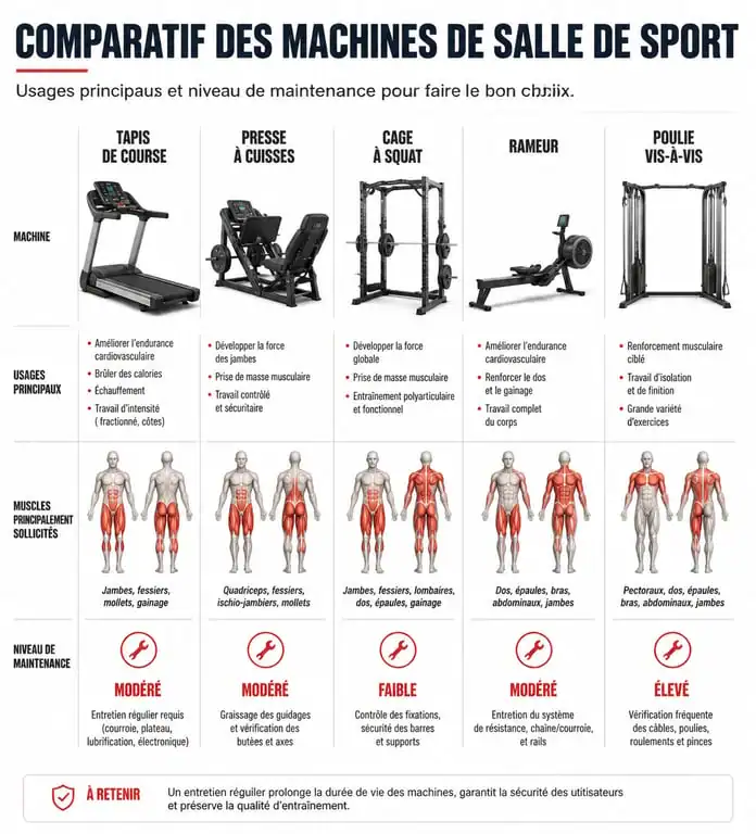Infographie comparative des machines de salle de sport et niveaux de maintenance