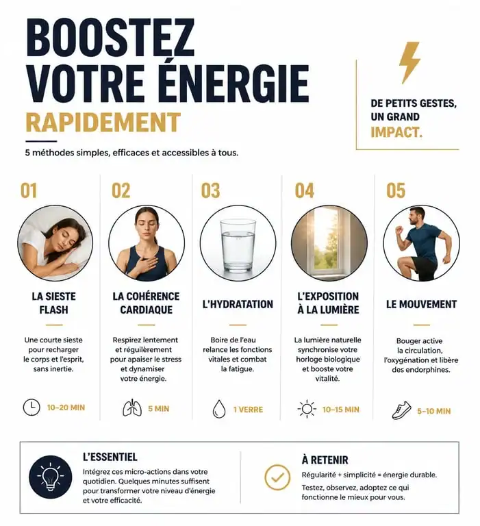 Infographie des méthodes pour avoir de l'énergie rapidement et lutter contre la fatigue