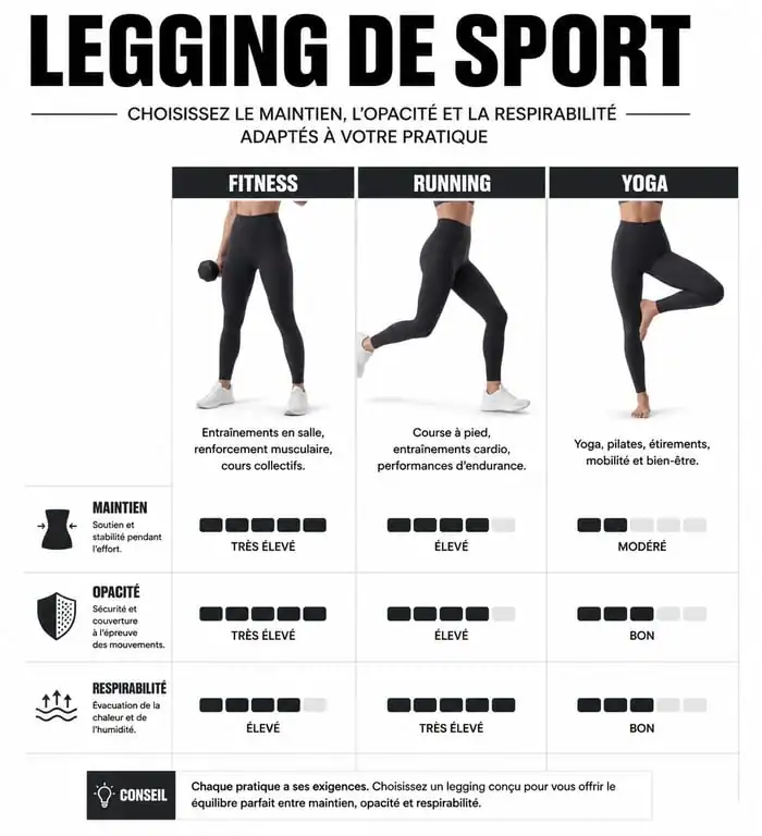 Infographie comparative des caractéristiques techniques d'un legging strong pour le sport