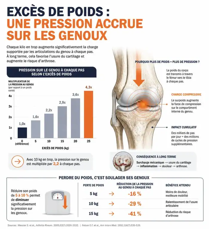 Infographie expliquant le lien entre perte de poids et douleurs articulaires