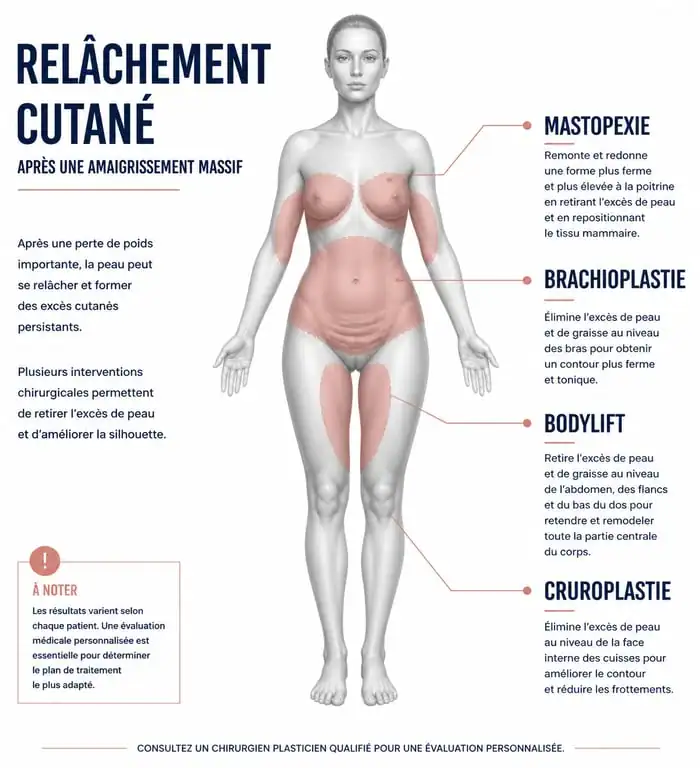 Schéma des zones de relâchement cutané après un bypass et interventions de chirurgie réparatrice associées