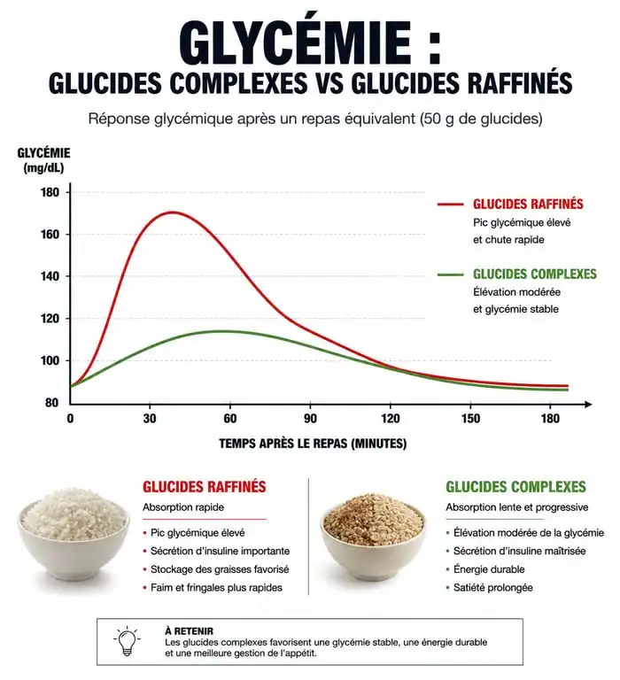 Infographie sur l'index glycémique et l'impact des aliments riches en glucides sur la glycémie